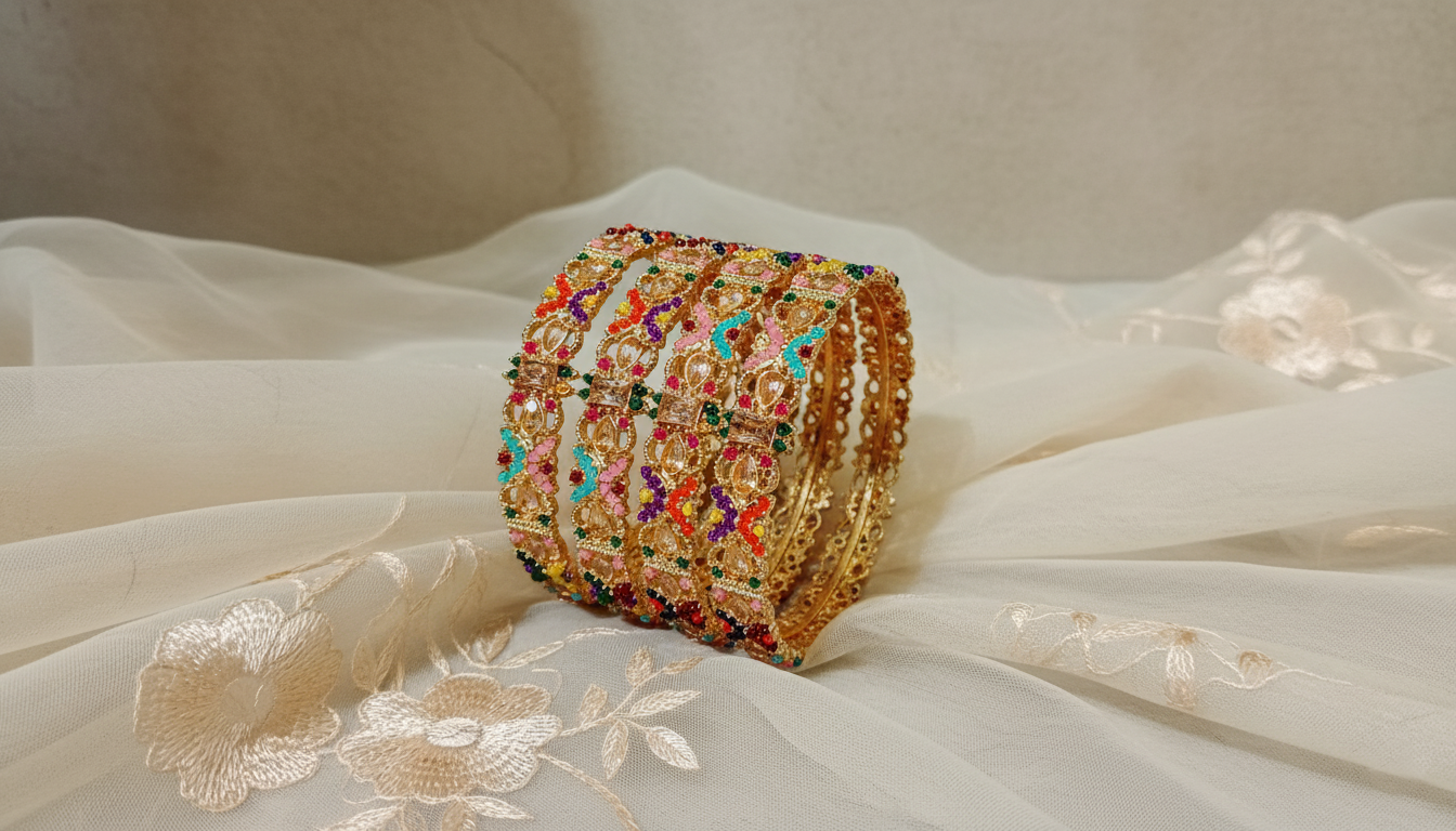 Indian Heritage Kara Set 4-Piece Multi-Stone Bangles | MeherZar Jewelry