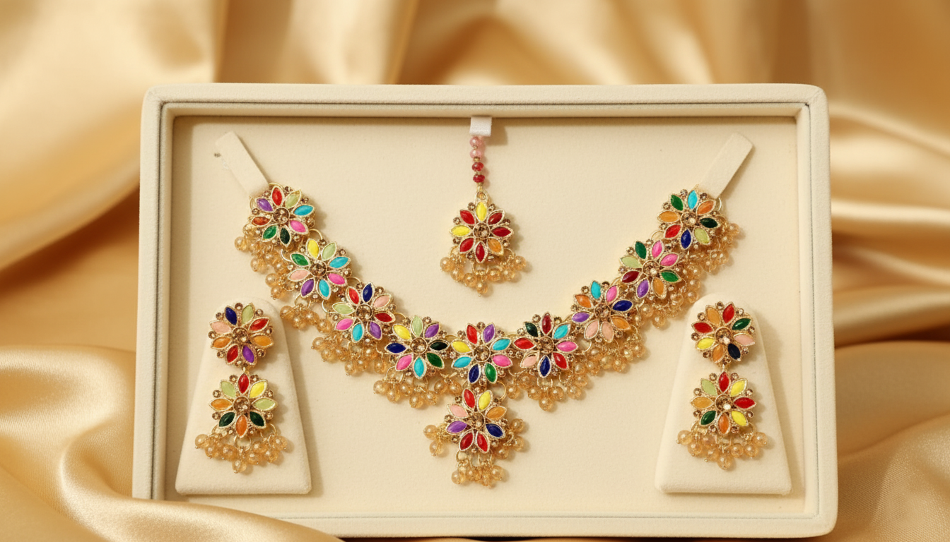 Full Kundan Flower Glow Set  Party Wear Edition | Earrings, Necklace & Tikka (Golden & Multi Shades) ✨