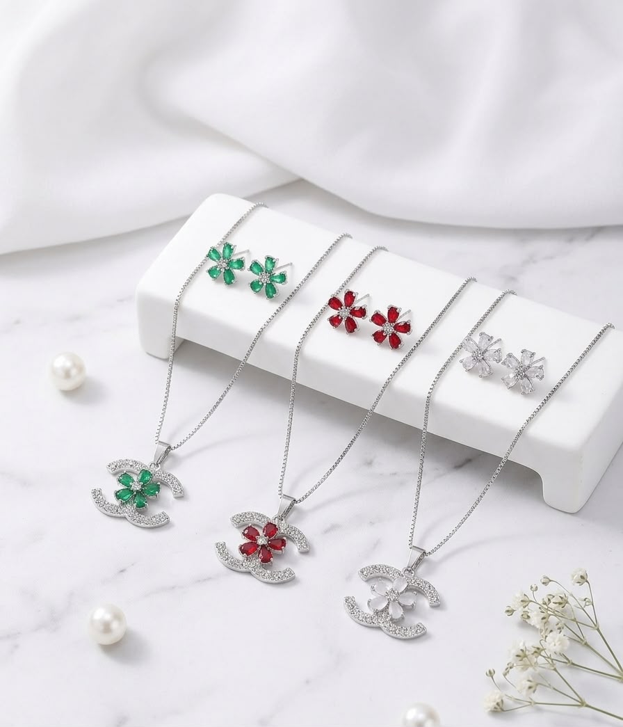 Crystal Glow Zircon Locket Set for Women – Elegant Party Wear Collection