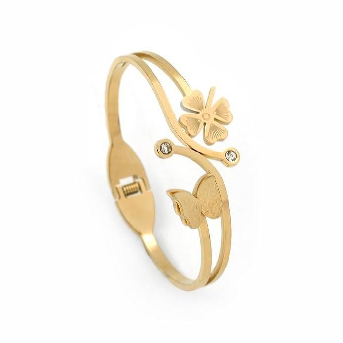 Golden Butterfly Floral Open Cuff Bangle for Women