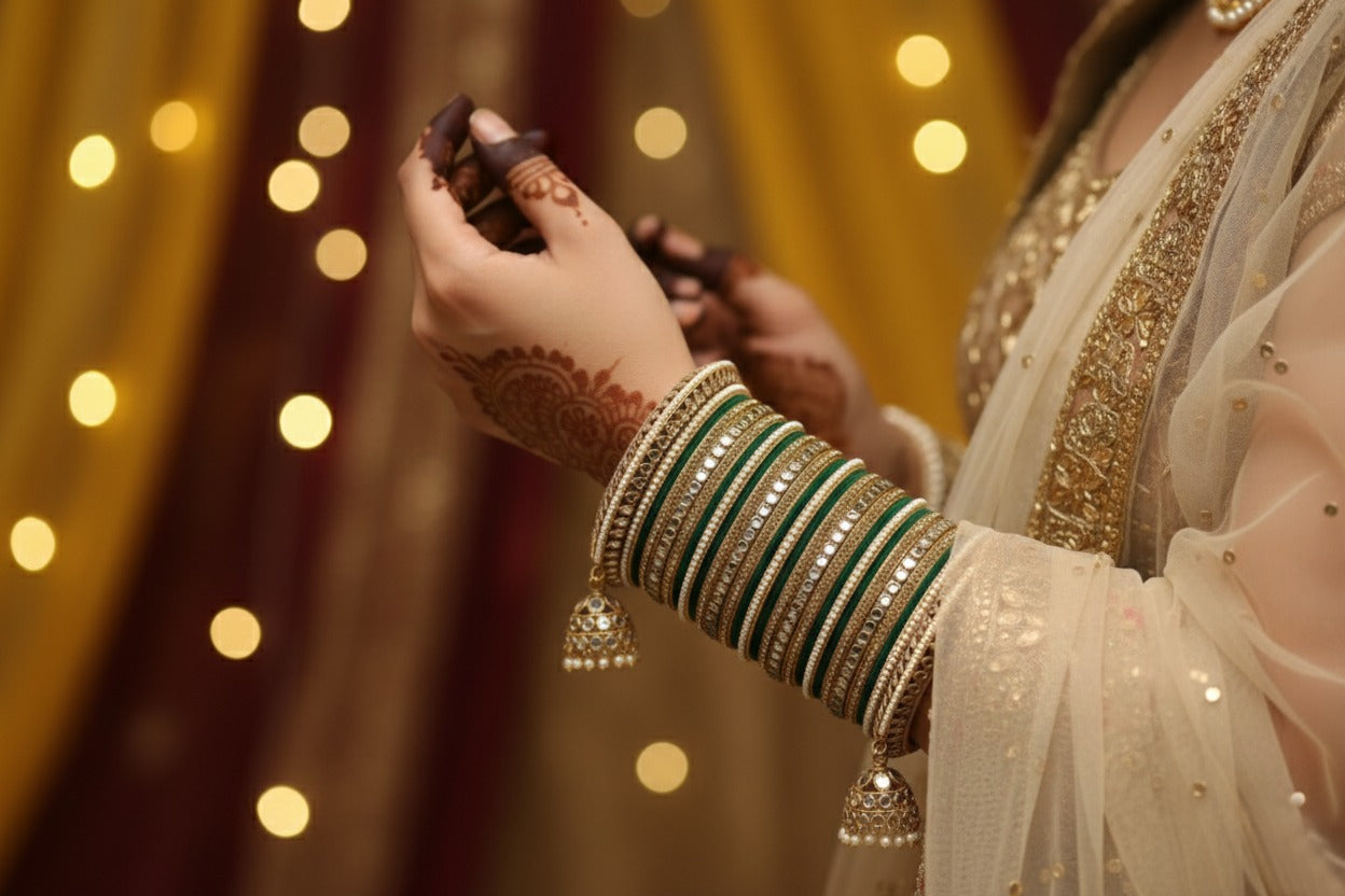 Bridal Green & Gold Bangles Set with Jhumka Charms  Premium Wedding Collection