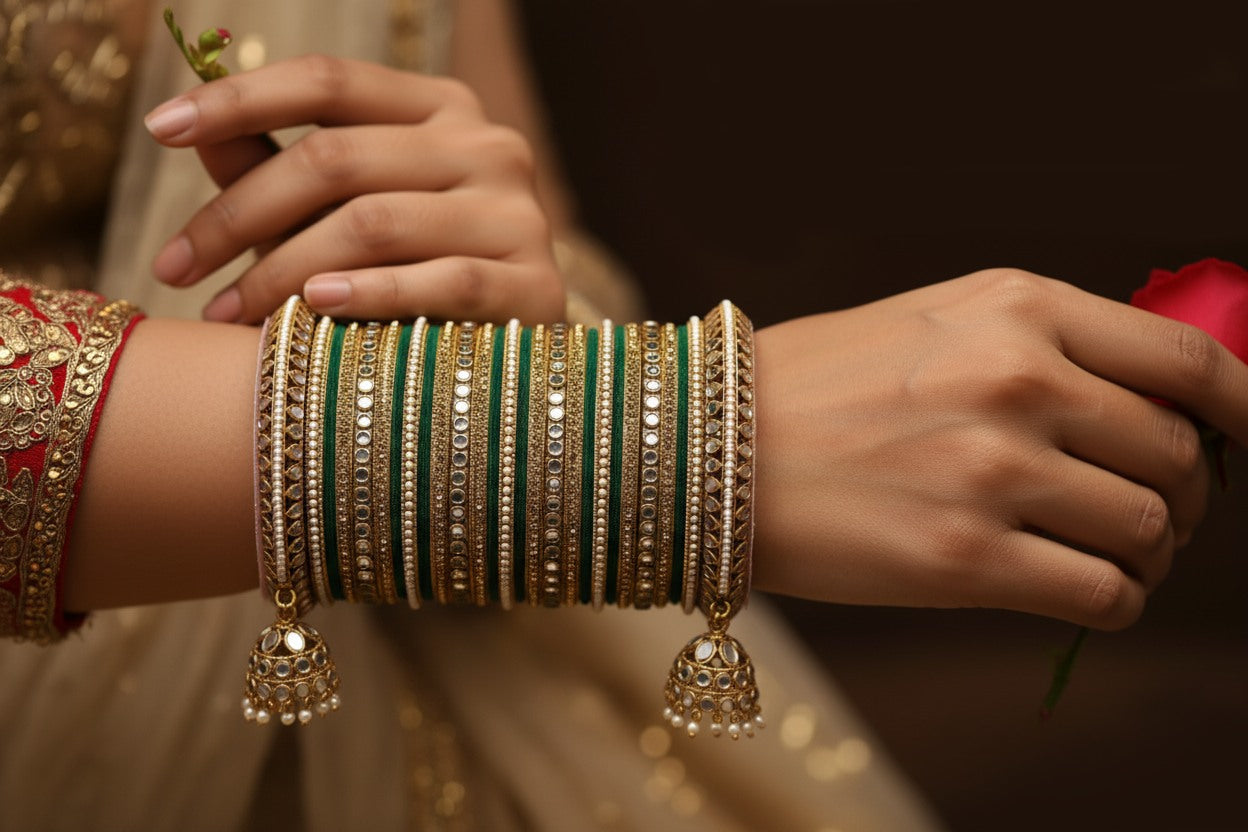 Bridal Green & Gold Bangles Set with Jhumka Charms  Premium Wedding Collection