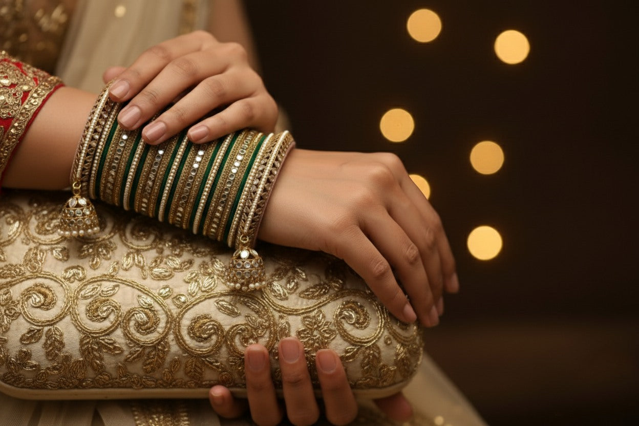 Bridal Green & Gold Bangles Set with Jhumka Charms  Premium Wedding Collection