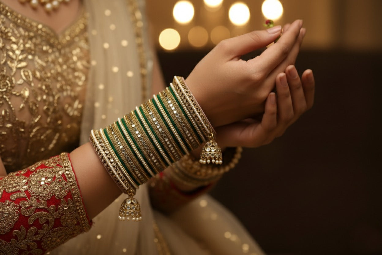 Bridal Green & Gold Bangles Set with Jhumka Charms  Premium Wedding Collection