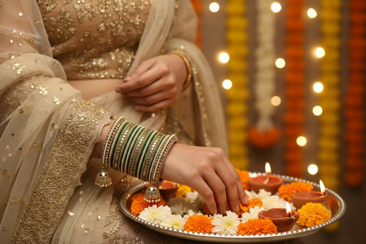 Bridal Green & Gold Bangles Set with Jhumka Charms  Premium Wedding Collection