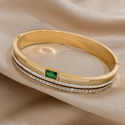 Stillness Emerald Luxe Rhinestone Stainless Steel Bangle for Women