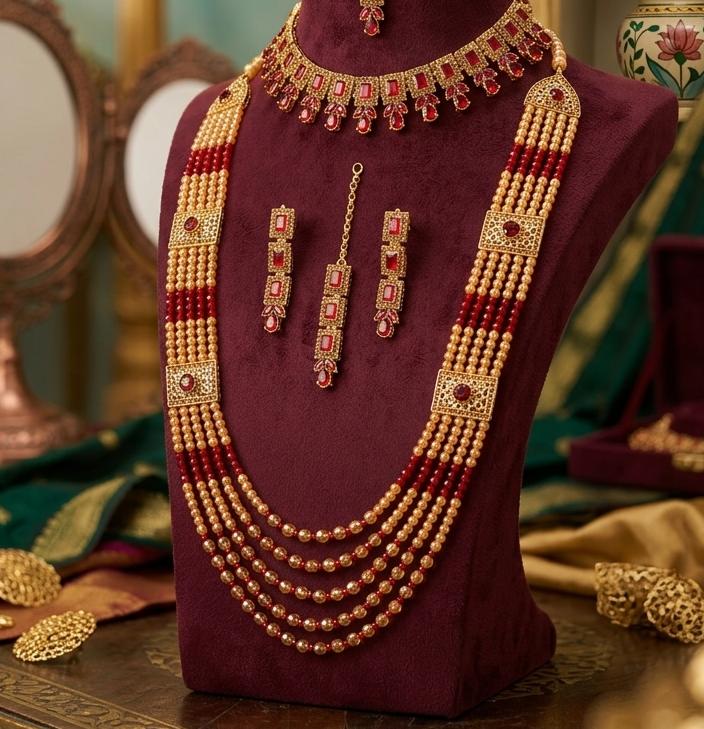 Elegant Maroon Zircon Necklace & amp Mala Set for Women