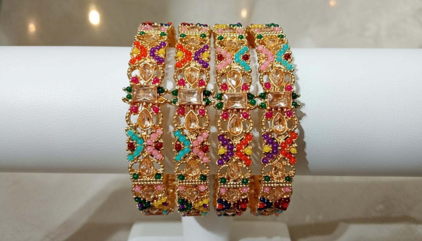 Indian Heritage Kara Set 4-Piece Multi-Stone Bangles | MeherZar Jewelry