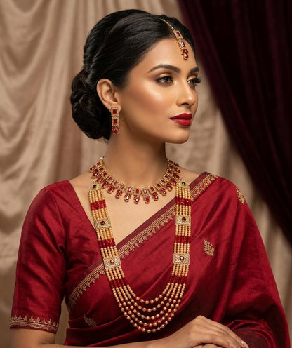 Elegant Maroon Zircon Necklace & amp Mala Set for Women