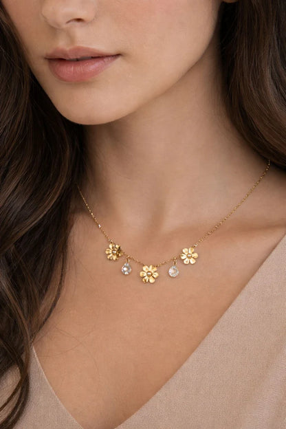 Bloom Stone Floral Stainless Steel Necklace for Women