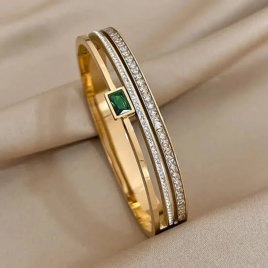 Stillness Emerald Luxe Rhinestone Stainless Steel Bangle for Women