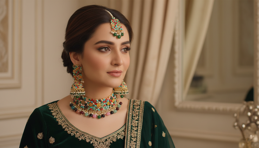 Multi-Color Heritage Choker Set – Necklace, Jhumka & Matha Tikka | MeherZar Jewelry