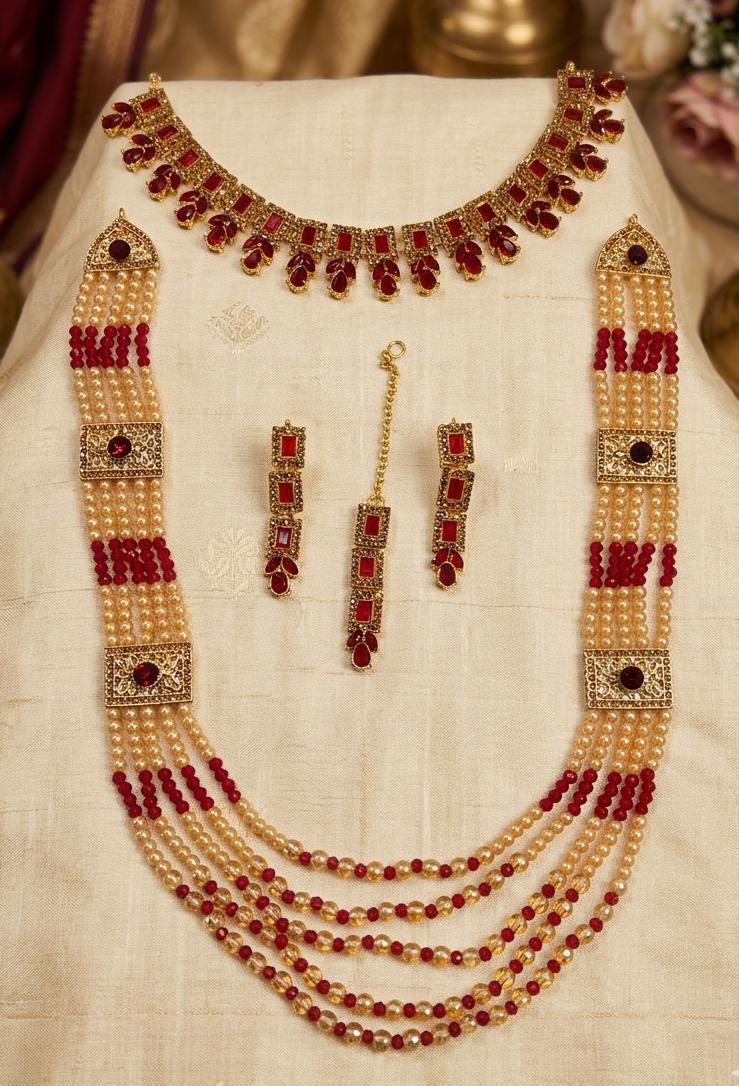 Elegant Maroon Zircon Necklace & amp Mala Set for Women