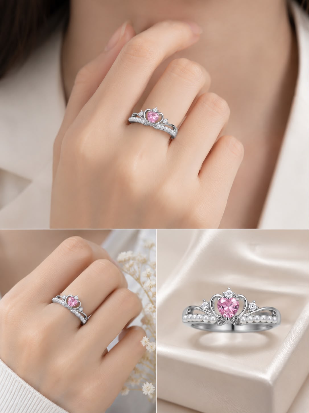 Princess Pink Heart Adjustable Ring for Women – Silver Crystal Collection