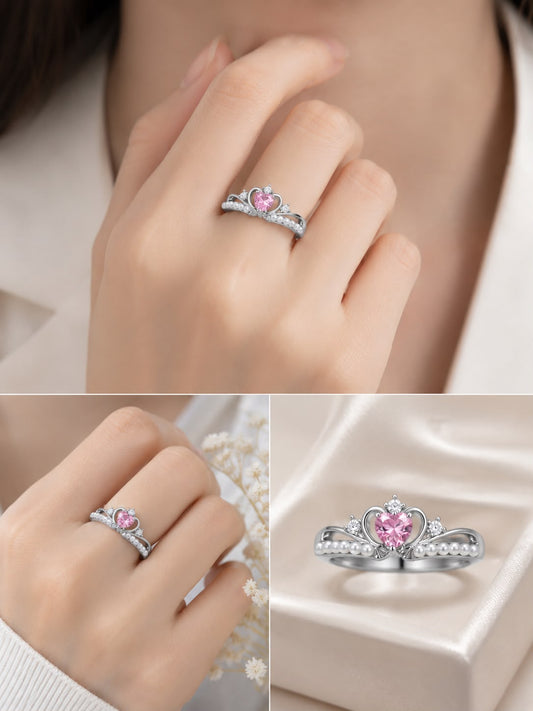 Princess Pink Heart Adjustable Ring for Women – Silver Crystal Collection