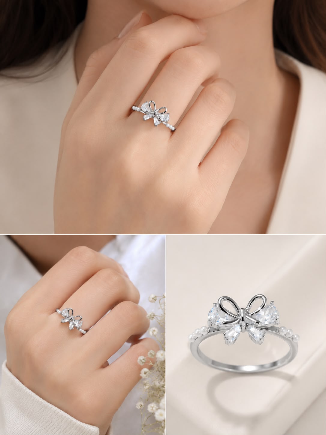 Blossom Pink Flower Adjustable Ring for Women – Silver Crystal Collection