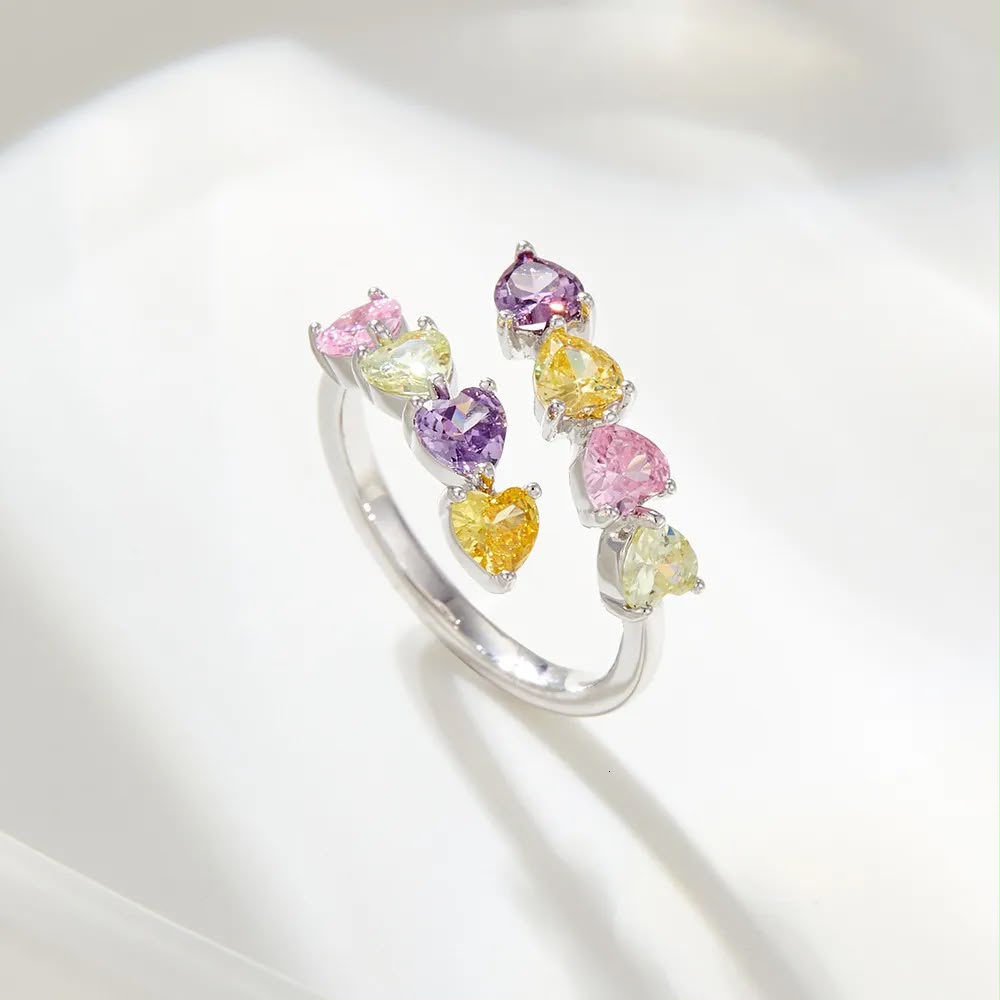 Rainbow Heart Crystal Adjustable Ring for Women – Silver Collection