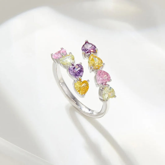 Rainbow Heart Crystal Adjustable Ring for Women – Silver Collection