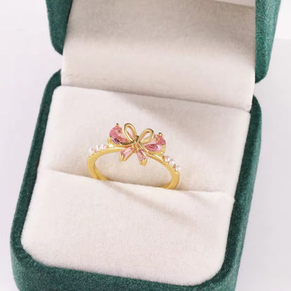 Blush Heart &amp; Bow Crystal Ring Set for Women – Dual Design Collection