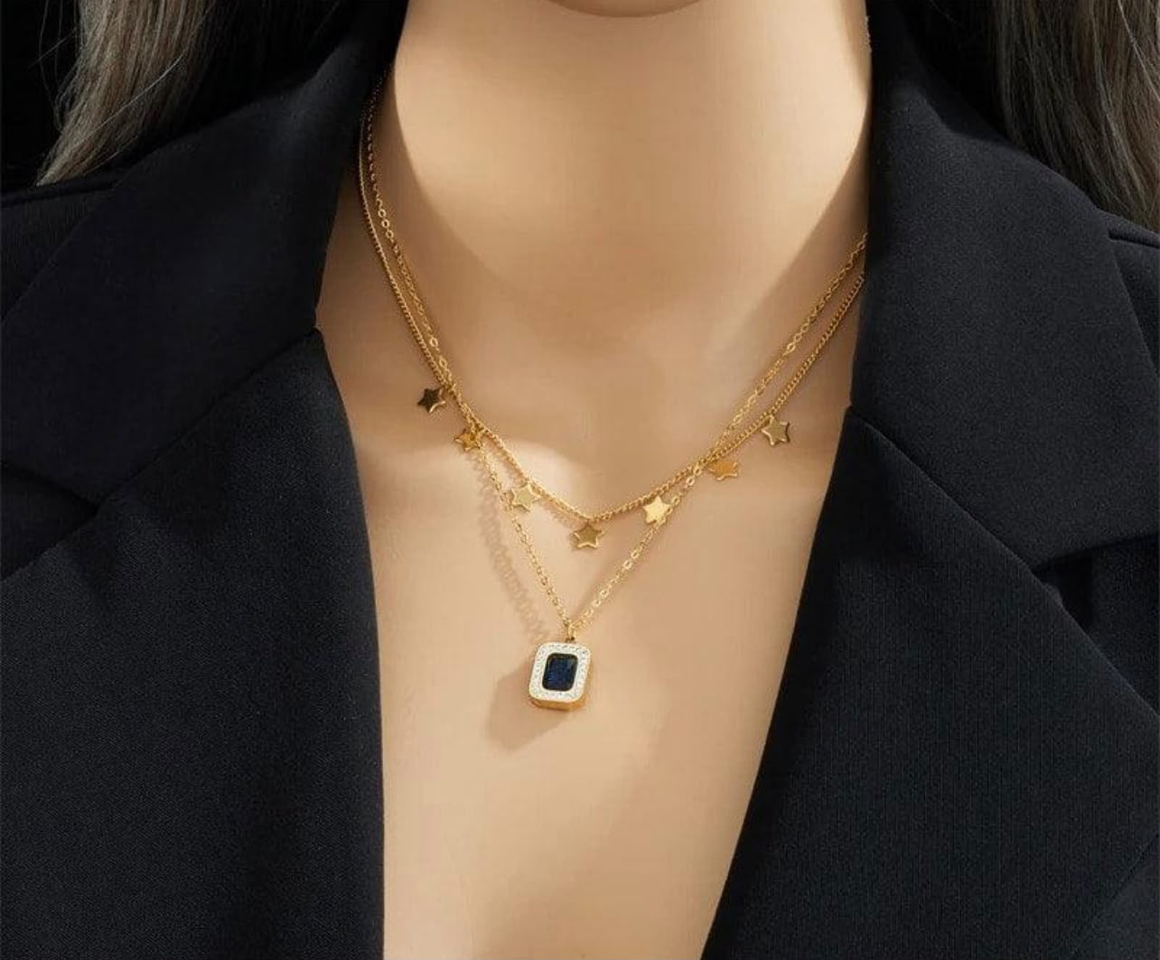 Celestial Double Layer Diamond Necklace for Women – Waterproof Stainless Steel