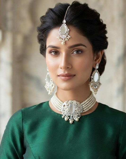 Ottoman Pearl Zircon Choker Set for Women – Turkish Style Collection
