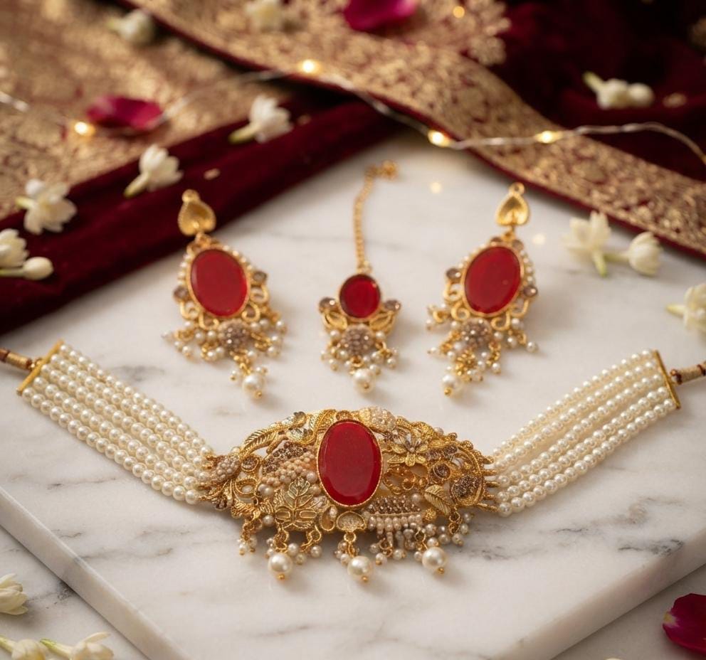 Ottoman Pearl Zircon Choker Set for Women – Turkish Style Collection