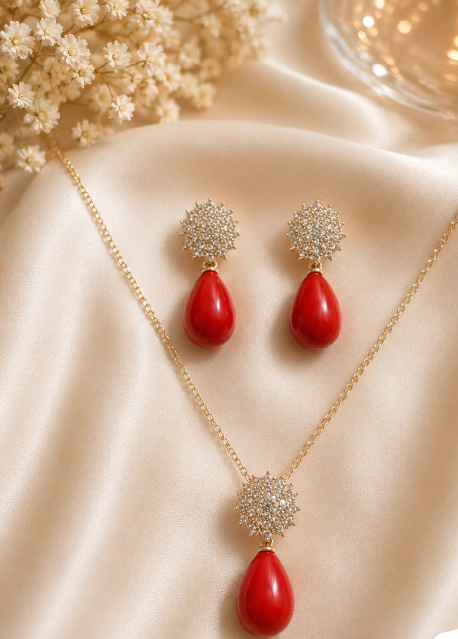 Ruby Radiance Pendant &amp; Earrings Set for Women