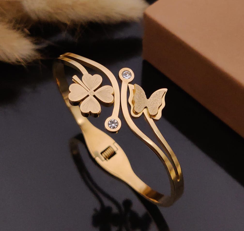 Golden Butterfly Floral Open Cuff Bangle for Women