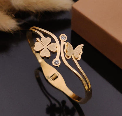 Golden Butterfly Floral Open Cuff Bangle for Women