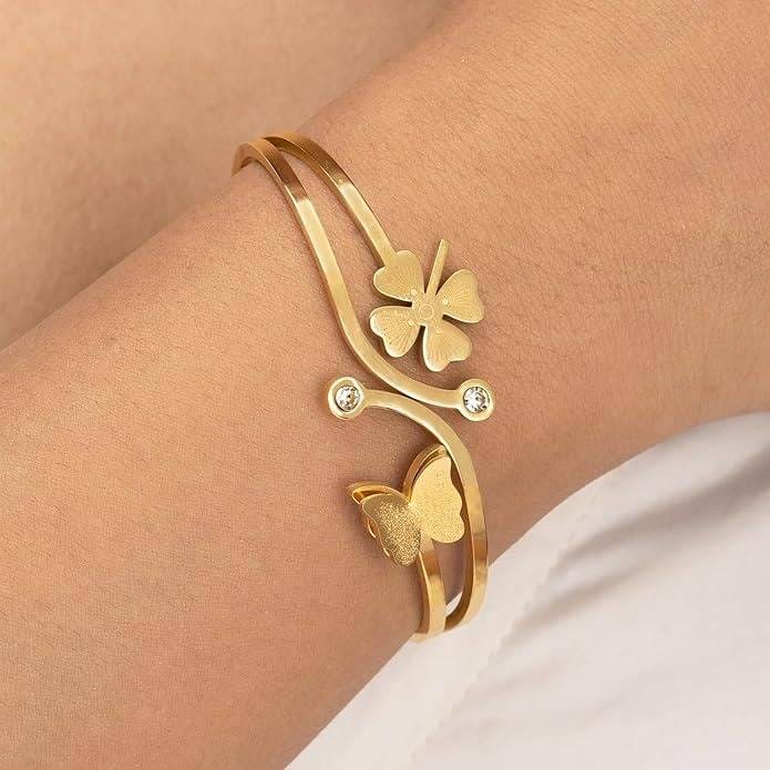 Golden Butterfly Floral Open Cuff Bangle for Women