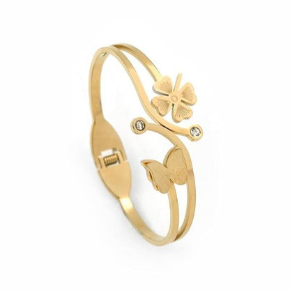 Golden Butterfly Floral Open Cuff Bangle for Women