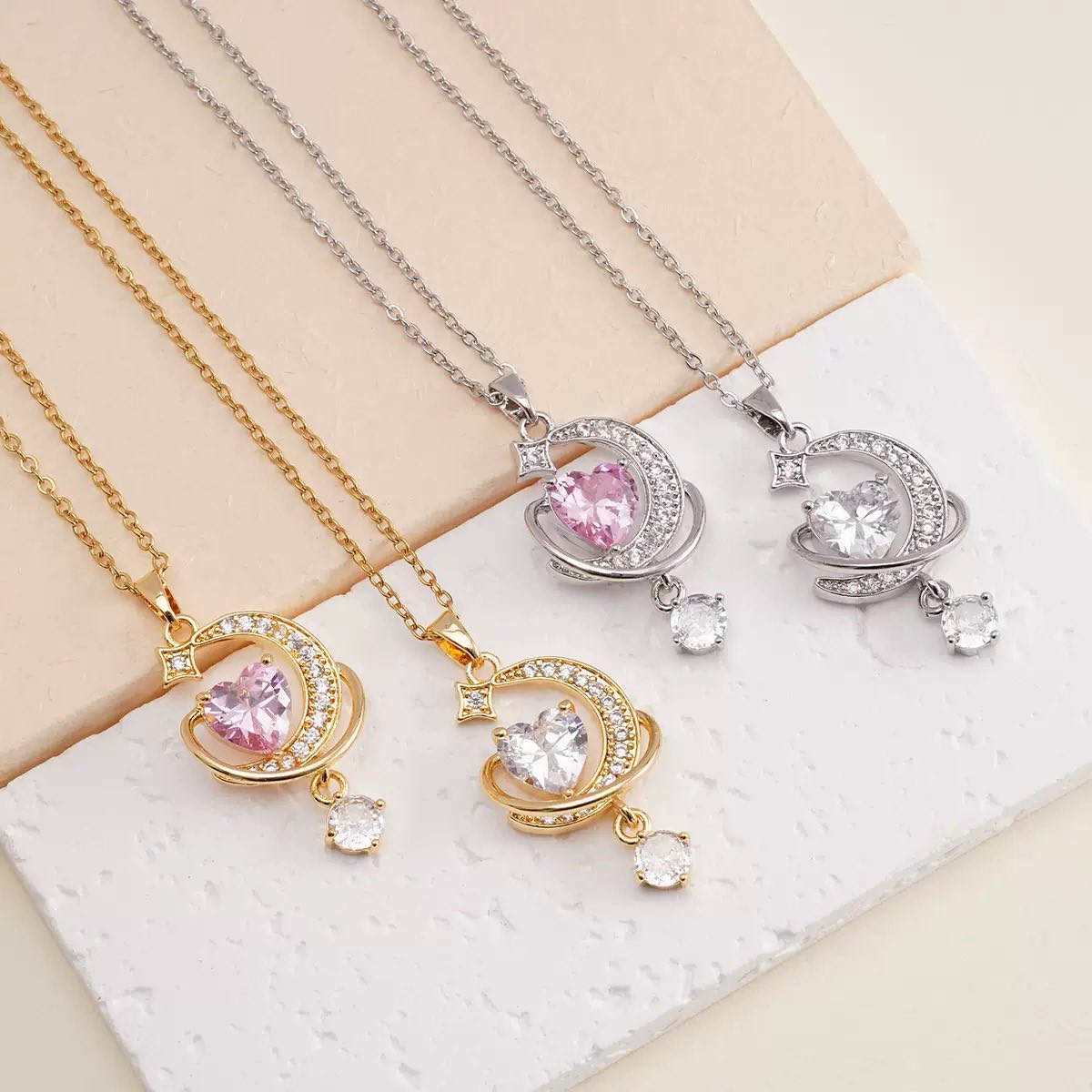 Celestial Heart Orbit Crystal Pendant Necklace for Women