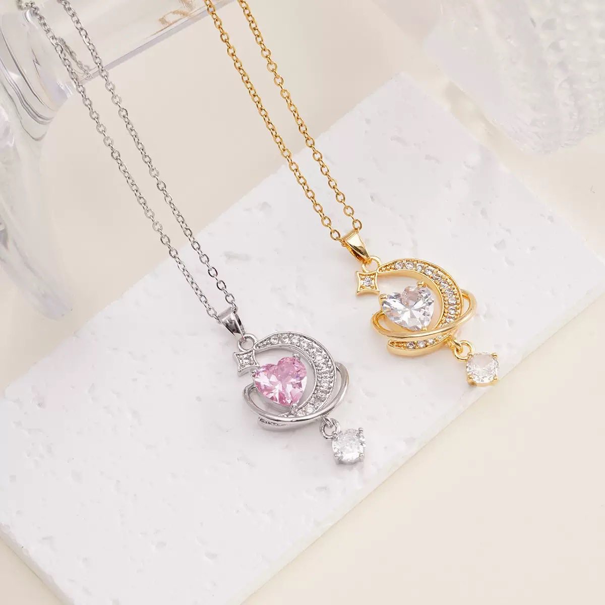 Celestial Heart Orbit Crystal Pendant Necklace for Women